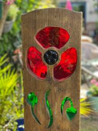 Poppy Flower Garden Sculpture - Personalised Memorial Gift Reclaimed Wood & Stained Glass
