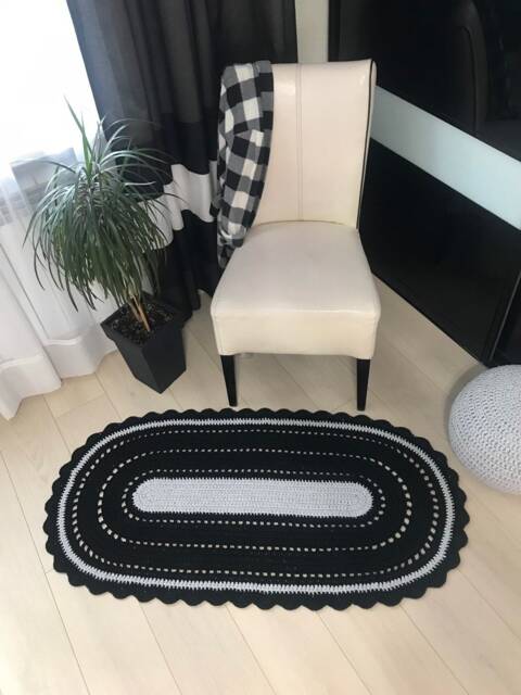 Black Oval Rug Crochet Oval Carpet Small Area Living Room Bedroom Kids Crochet Mat & Gray - image 1