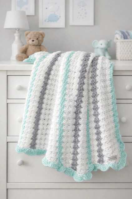 Handmade Baby Blanket - Mint Striped Crochet Neutral Green White Grey - image 1
