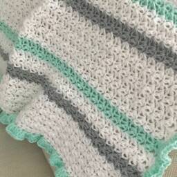 Handmade Baby Blanket - Mint Striped Crochet Neutral Green White Grey - thumbnail 3