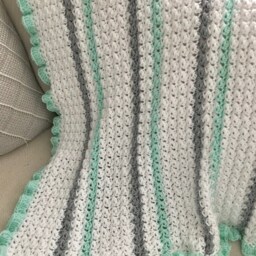 Handmade Baby Blanket - Mint Striped Crochet Neutral Green White Grey - thumbnail 2