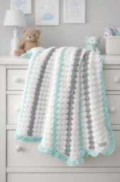 Handmade Baby Blanket - Mint Striped Crochet Neutral Green White Grey