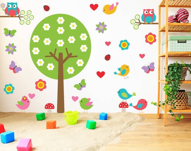 Nursery Tree Vinyl Wall Decal - Large Decor Bird Owl Boy Girl Kid Baby Art Set Sticker Colorful Butterfly Room Nature Playroom Big Mural - image 1