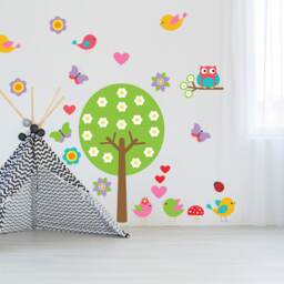 Nursery Tree Vinyl Wall Decal - Large Decor Bird Owl Boy Girl Kid Baby Art Set Sticker Colorful Butterfly Room Nature Playroom Big Mural - thumbnail 2