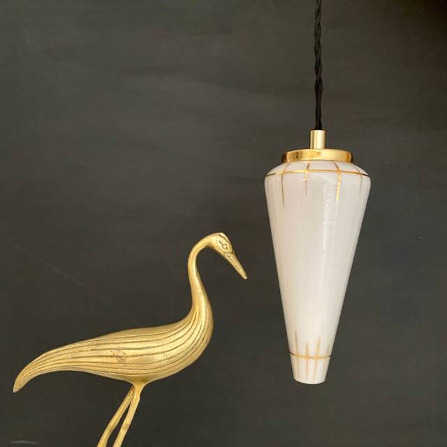 Vintage Art Deco Tulip Pendant Light in White & Gold Opaline - image 1