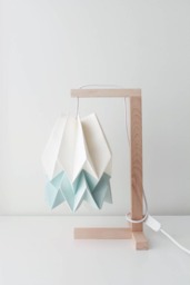 Paper Lampshade, Origami Lamp - Table Polar White With Mint Blue Stripe Wooden Structure
