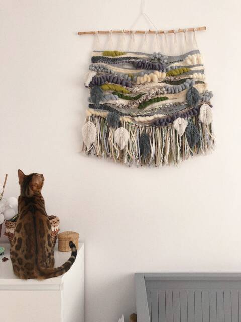 Eva's Doodlings Wall Hanging Tapestry With Leaves Green Gray Shades - image 1