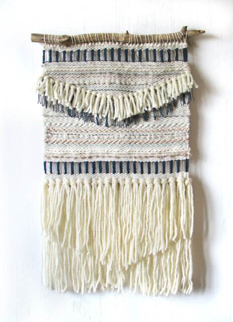Woven Wall Hanging Boho Fiber Art Tapestry, Beige & Blue - image 1