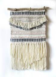 Woven Wall Hanging Boho Fiber Art Tapestry, Beige & Blue - thumbnail 1