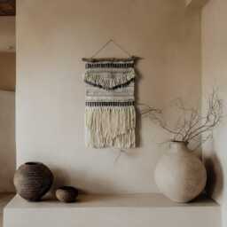 Woven Wall Hanging Boho Fiber Art Tapestry, Beige & Blue - thumbnail 2