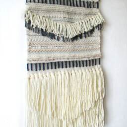 Woven Wall Hanging Boho Fiber Art Tapestry, Beige & Blue - thumbnail 4