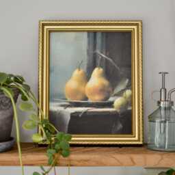 Pear Still Life Art Print, Gold Framed Watercolor Paper, Kitchen Wall Decor - thumbnail 1