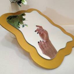 Wavy Mirror - Asymmetrical Tabletop Or Wall Decor, Irregular Squiggle Makeup Mirror, Wooden Boho Accent - thumbnail 3