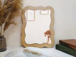 Wavy Mirror - Asymmetrical Tabletop Or Wall Decor, Irregular Squiggle Makeup Mirror, Wooden Boho Accent - thumbnail 1
