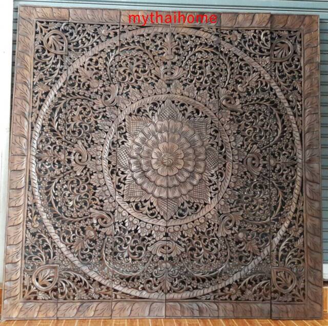Large King Size Bed Mandala Headboard Decorative Bohemian Lotus Flower Wooden Panel, Hand Carved Teak Art Panel White Wall Home 180cm X 72 - image 1