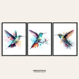 Hummingbird Poster Set - Of 3 Prints - Watercolor Painting Watercolour Picture Animal Wall Art Bird Gifts Humming Decor - thumbnail 1