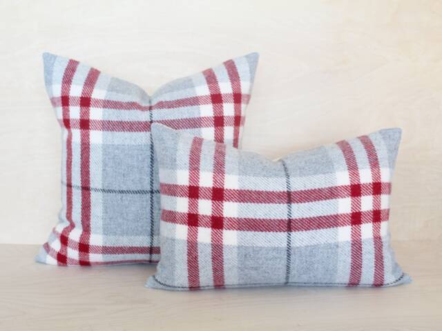 Cranberry Red & Gray Plaid Wool Pillow Cover, White Check Farmhouse Cover - Made To Order - image 1
