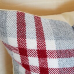 Cranberry Red & Gray Plaid Wool Pillow Cover, White Check Farmhouse Cover - Made To Order - thumbnail 3