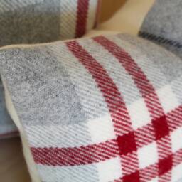 Cranberry Red & Gray Plaid Wool Pillow Cover, White Check Farmhouse Cover - Made To Order - thumbnail 2