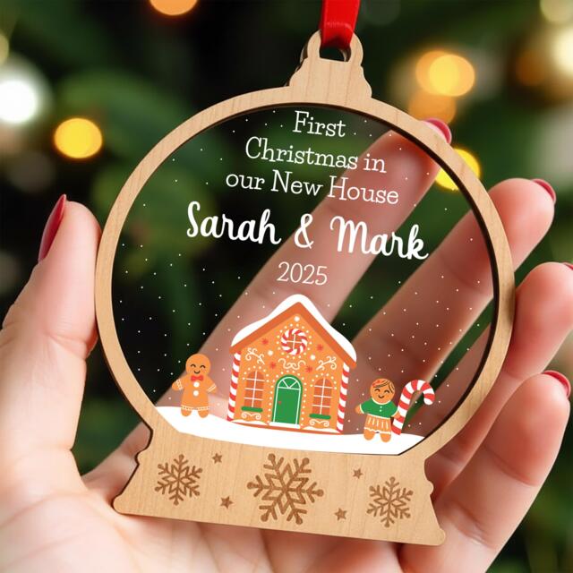Personalised First Christmas New Home Ornament - 1st Xmas in Our House Gingerbread Couple Snowglobe With Red Bag - image 1