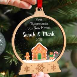 Personalised First Christmas New Home Ornament - 1st Xmas in Our House Gingerbread Couple Snowglobe With Red Bag - thumbnail 2