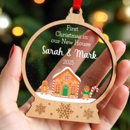 Personalised First Christmas New Home Ornament - 1st Xmas in Our House Gingerbread Couple Snowglobe With Red Bag - thumbnail 1
