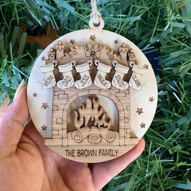 Personalised Family Stocking Ornament Engraved Birch & Oak Bauble, Tree, Grandparent Christmas - image 1