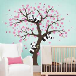 Panda & Cherry Blossom Tree Wall Decal Nursery Kids Decor