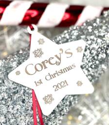 Personalised Baby's 1St Christmas Ornament, White Star Decoration, First Star Tree Decoration, Xmas Baby Bauble Gift 2025 - thumbnail 1