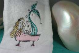 Mermaid Bubble Bath Embroidered Bathroom Hand Towel - 16x30 Beach Decor House Nautical - thumbnail 1