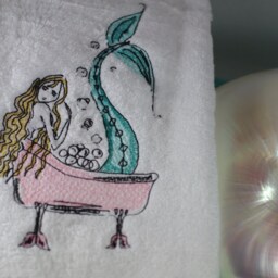 Mermaid Bubble Bath Embroidered Bathroom Hand Towel - 16x30 Beach Decor House Nautical - thumbnail 2