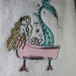 Mermaid Bubble Bath Embroidered Bathroom Hand Towel - 16x30 Beach Decor House Nautical - thumbnail 3