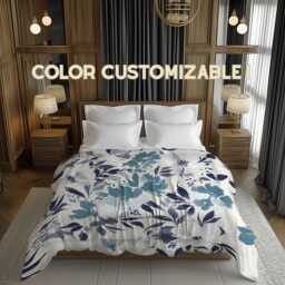Watercolor Floral Comforter Dusty Blue Botanical Bedding, Romantic Farmhouse Bedroom D??cor, Color Customizable #288