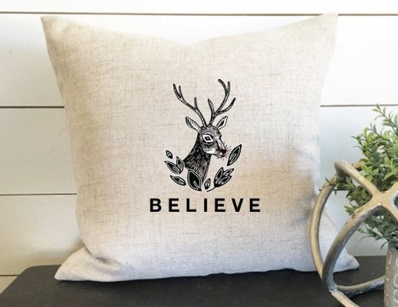Believe Christmas Pillow Cover, Holiday Pillow, Decor, Reindeer Reindeer, Gift - image 1