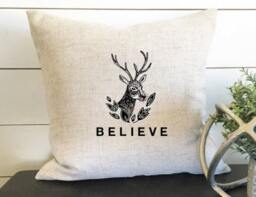 Believe Christmas Pillow Cover, Holiday Pillow, Decor, Reindeer Reindeer, Gift - thumbnail 1