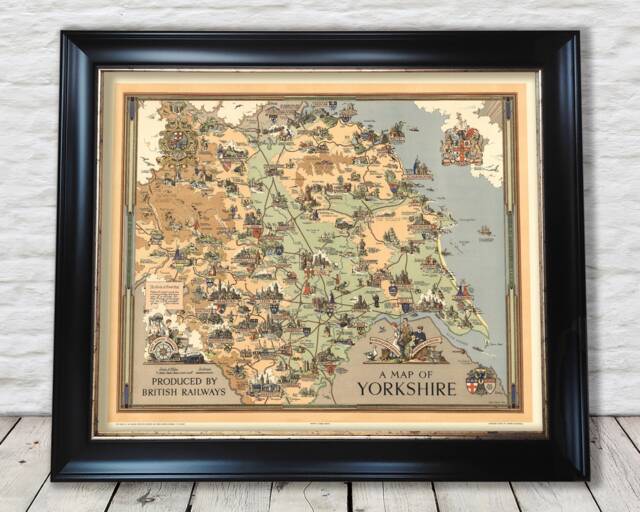 Vintage Yorkshire Railways Map Print 1949 Estra Clark Pictorial Art - Exceptional Quality 230Gsm Unframed Framed Free Standard Delivery - image 1