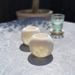White Egyptian Alabaster Candle Holders, Handmade Natural Stone Decor Set - thumbnail 2