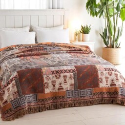 Reversible Cotton Throw Blanket Tribal Boho Bedspread With Fringed Edge - thumbnail 3