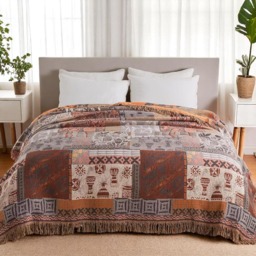 Reversible Cotton Throw Blanket Tribal Boho Bedspread With Fringed Edge