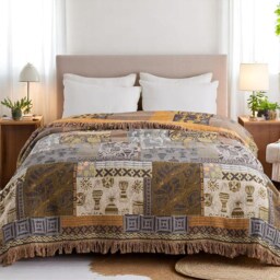 Reversible Cotton Throw Blanket Tribal Boho Bedspread With Fringed Edge - thumbnail 2