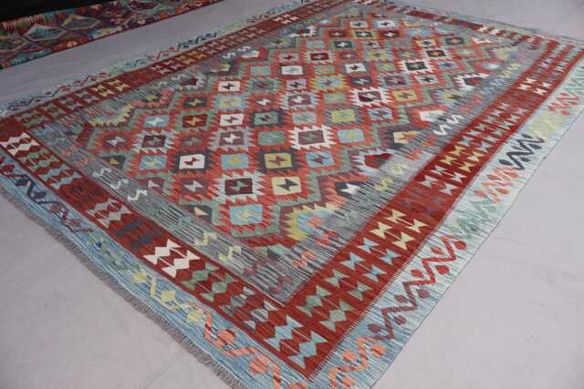 8x11 Ft Large Kilim Rug, Modern Flatweave Afghan Handmade Wool Area Rust Orange Red Green Blue, Oriental Boho Living Room Rug - image 1