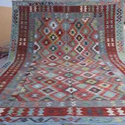 8x11 Ft Large Kilim Rug, Modern Flatweave Afghan Handmade Wool Area Rust Orange Red Green Blue, Oriental Boho Living Room Rug - thumbnail 2