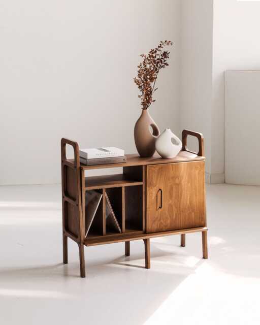 Mid Century Credenza, Small Sideboard 97 cm With Vinyl Storage & Cabinet, Modern Media Console, Record Player Stand, Handmade Wood - image 1