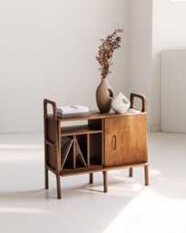Mid Century Credenza, Small Sideboard 97 cm With Vinyl Storage & Cabinet, Modern Media Console, Record Player Stand, Handmade Wood