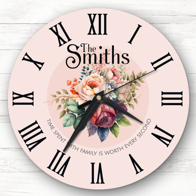 Pink Background Floral Family Name Personalised Gift Clock - image 1