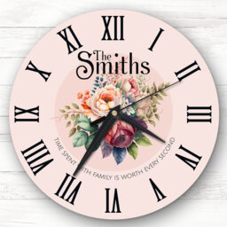 Pink Background Floral Family Name Personalised Gift Clock - thumbnail 1
