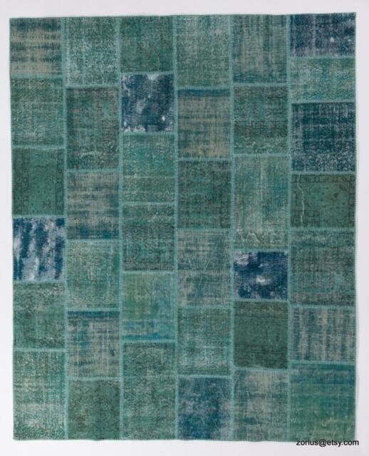 Handmade Turkish Patchwork Rug, Turquoise Blue - image 1