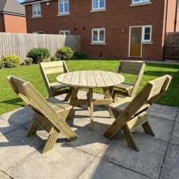 Deckfusion Rounded Picnic Table & Four Chairs Set - Wooden Garden Furniture