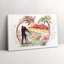 Watercolor Love On Miami Beach Canvas, Picture Wall Hanging, Orange Decor, Art Canvas Print - thumbnail 2