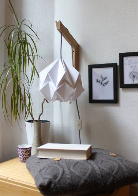 Origami Wall Lighting Fixture - Wooden Bracket With Paper Pendant Light - image 1